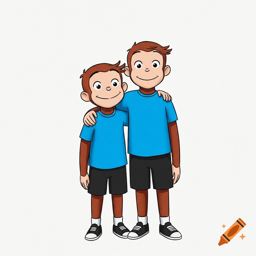 Two cartoon monkey characters resembling Curious George, a taller one with his arm around a shorter one, both wearing blue t-shirts, black shorts, and sneakers against a white background.