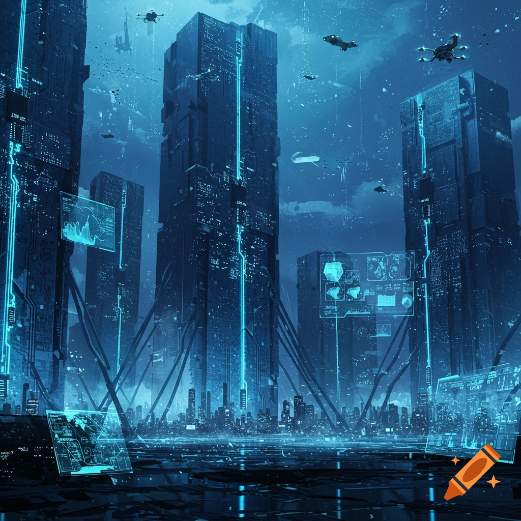 A sprawling futuristic city with towering skyscrapers, intricate circuit-like patterns, glowing neon blue lights, and flying vehicles in a dark, atmospheric sky.