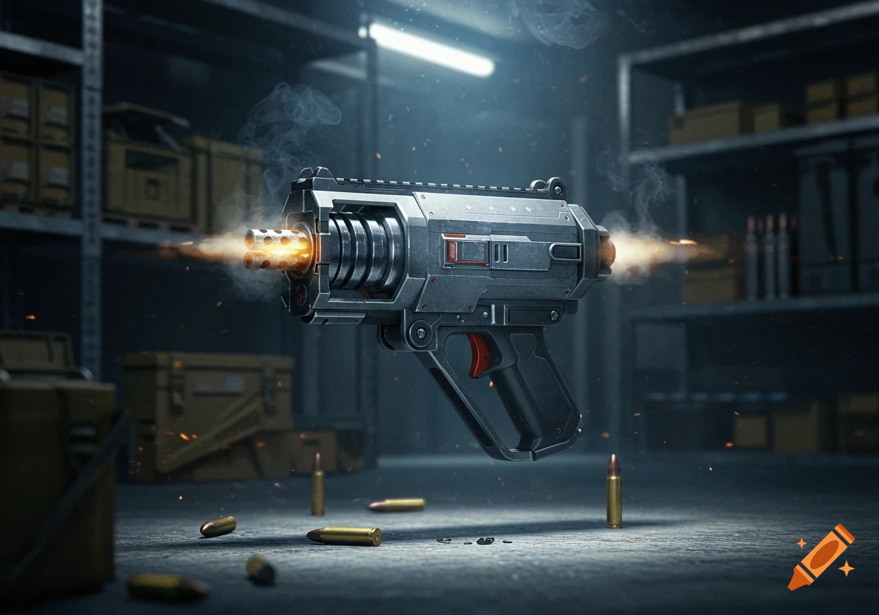 A futuristic mini-gun firing glowing projectiles in a dark warehouse with spent bullet casings on the floor, photorealistic style.