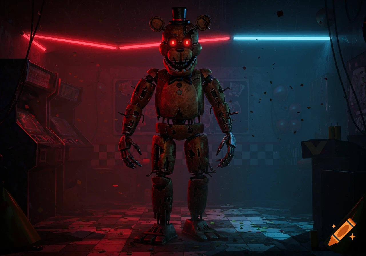 A menacing, rusted animatronic bear with glowing red eyes and a top hat stands in a dimly lit arcade room with red and blue neon lights.