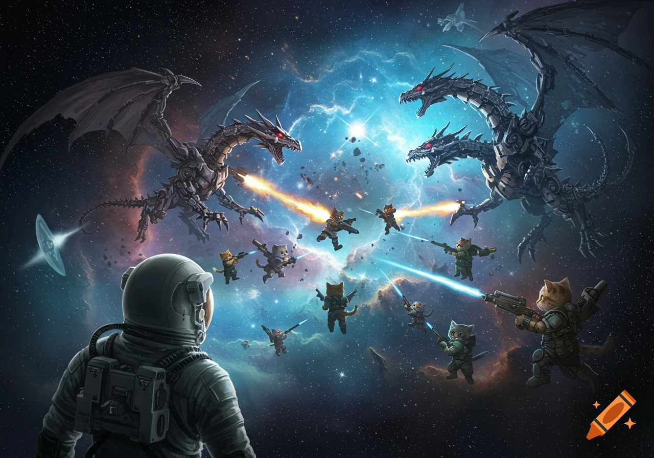 An astronaut watches a space battle between armed kitten soldiers and large mechanical dragons in a nebula.