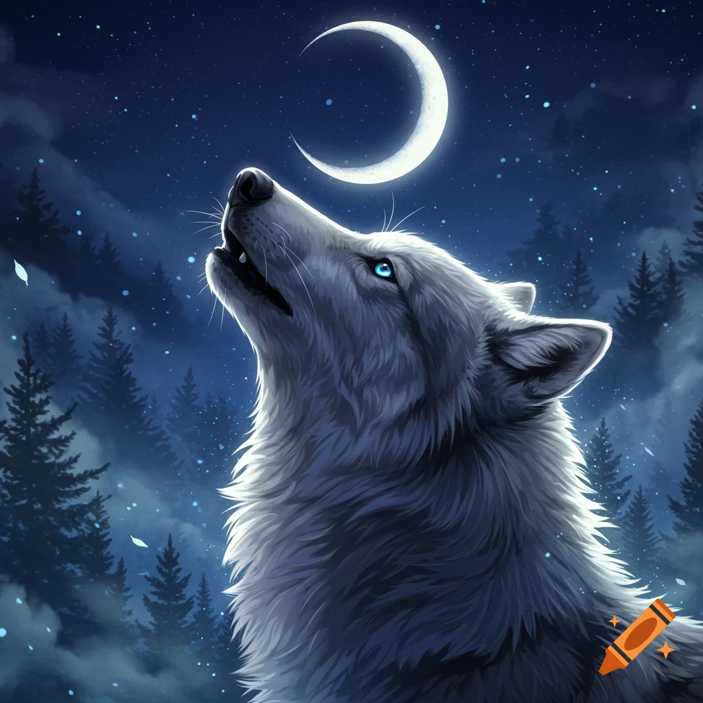 An anime-style white wolf with glowing blue eyes howls at a crescent moon in a snowy forest at night.
