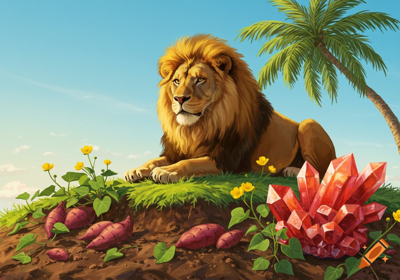 An illustrated regal lion rests on a grassy mound, surrounded by sweet potatoes, buttercups, red crystals, and a palm tree under a blue sky.