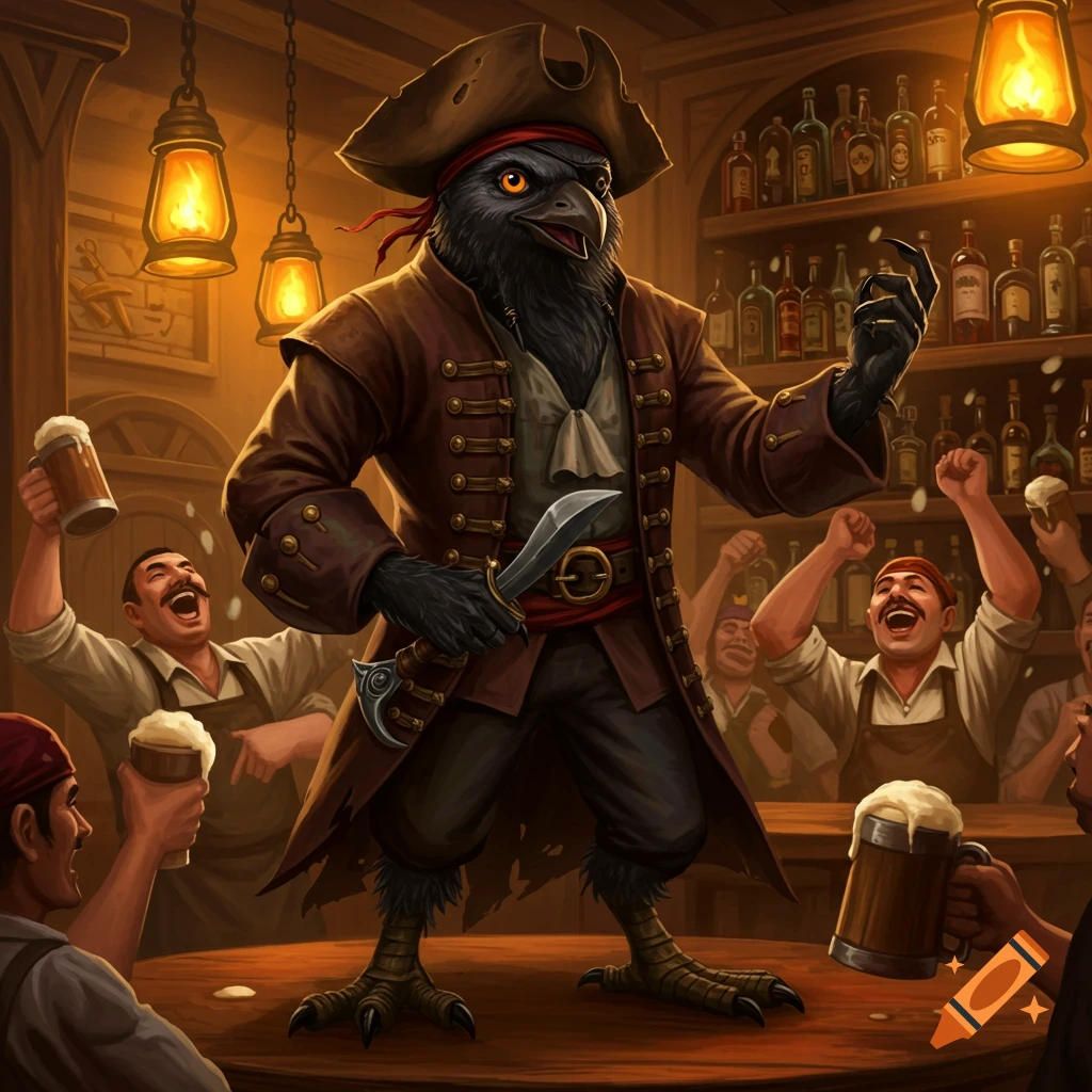An illustrated Kenku pirate stands on a tavern table, holding a dagger and entertaining a cheering crowd of patrons.