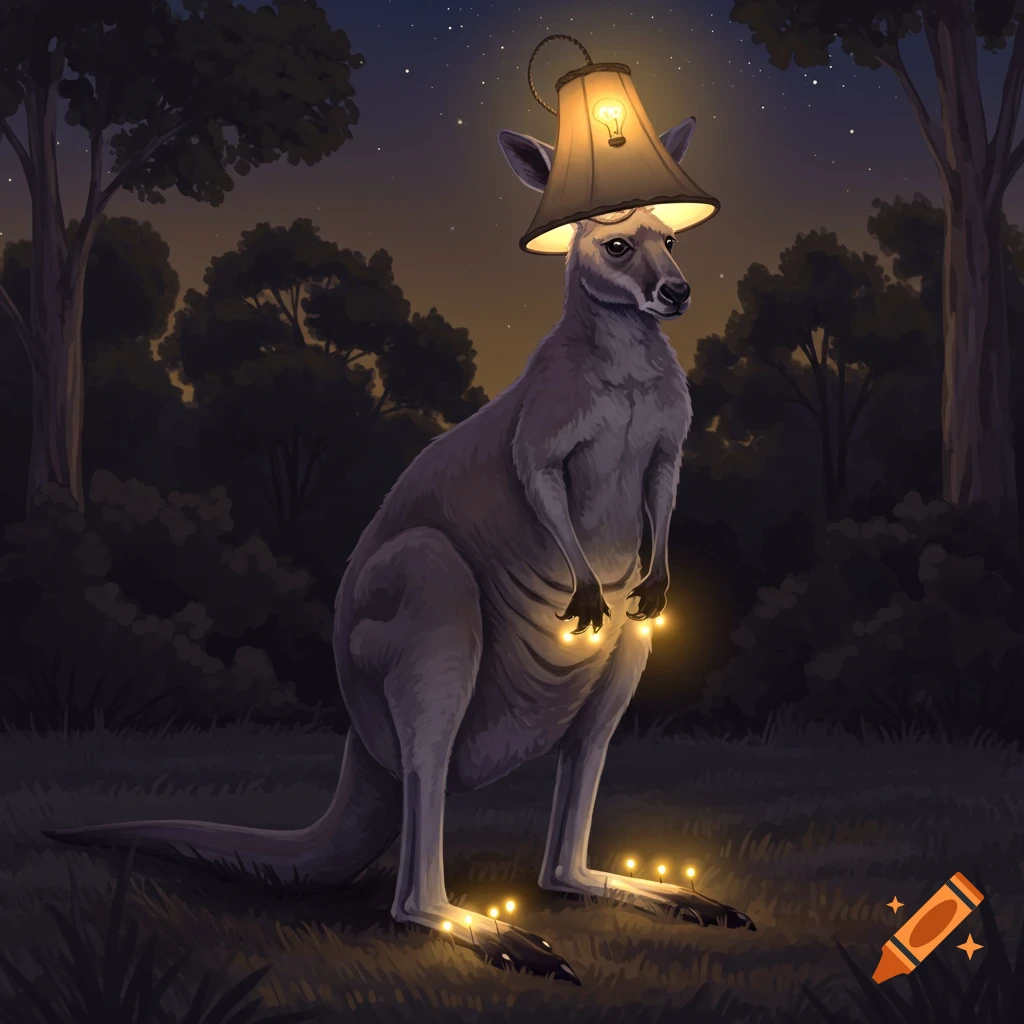 A gray-purple kangaroo stands in a dark forest at night, wearing a glowing lampshade hat and with small lights on its paws and feet.
