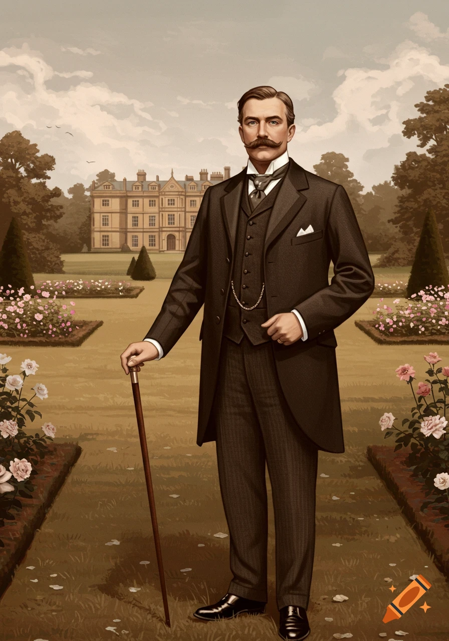 An illustrated man with a mustache in a dark suit stands with a cane in a formal garden with a manor house.