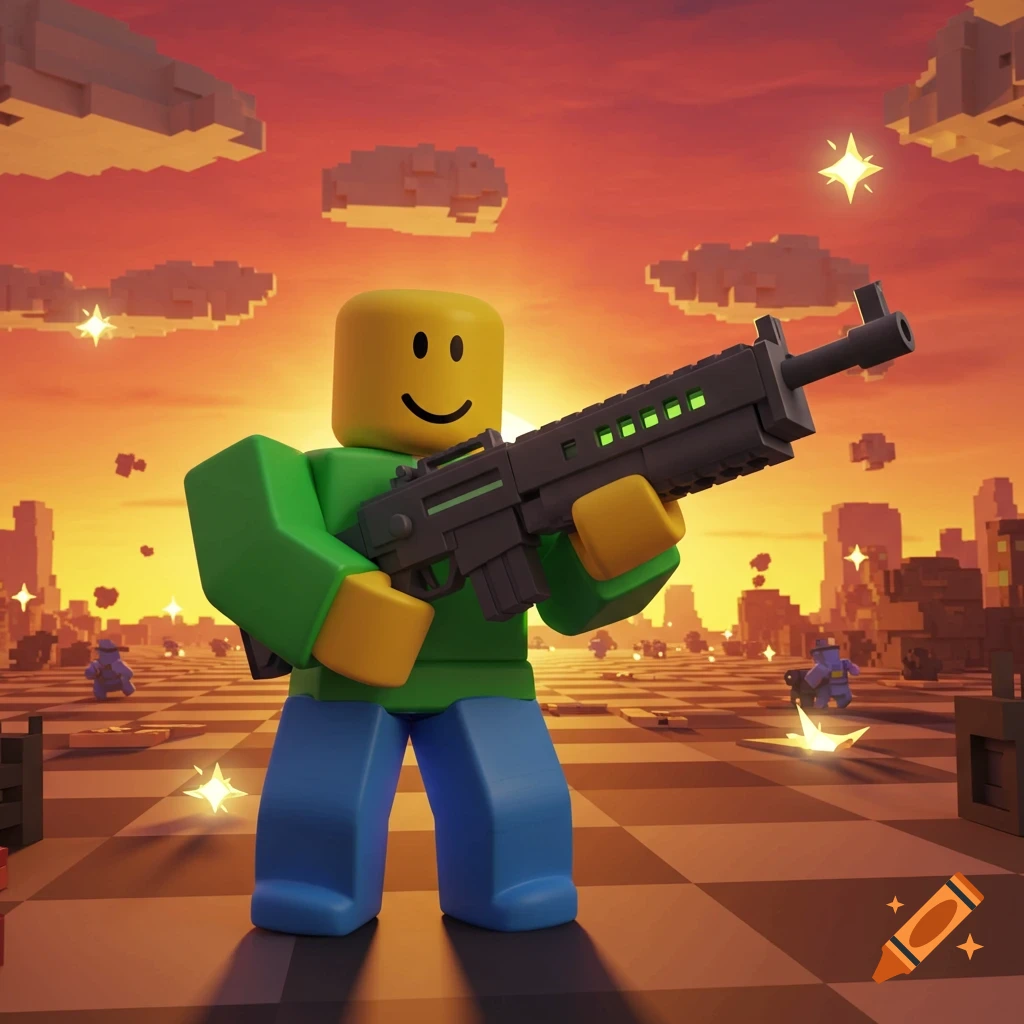 A blocky Roblox noob character in a green shirt and blue pants holds a rifle in a pixelated landscape under an orange sunset sky.