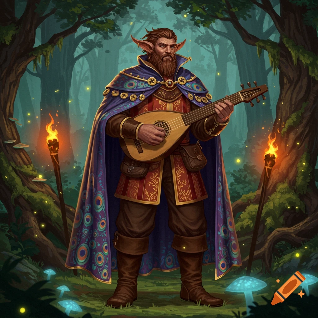 A bearded, pointy-eared fantasy bard in a patterned cloak plays a lute in a glowing, magical forest.