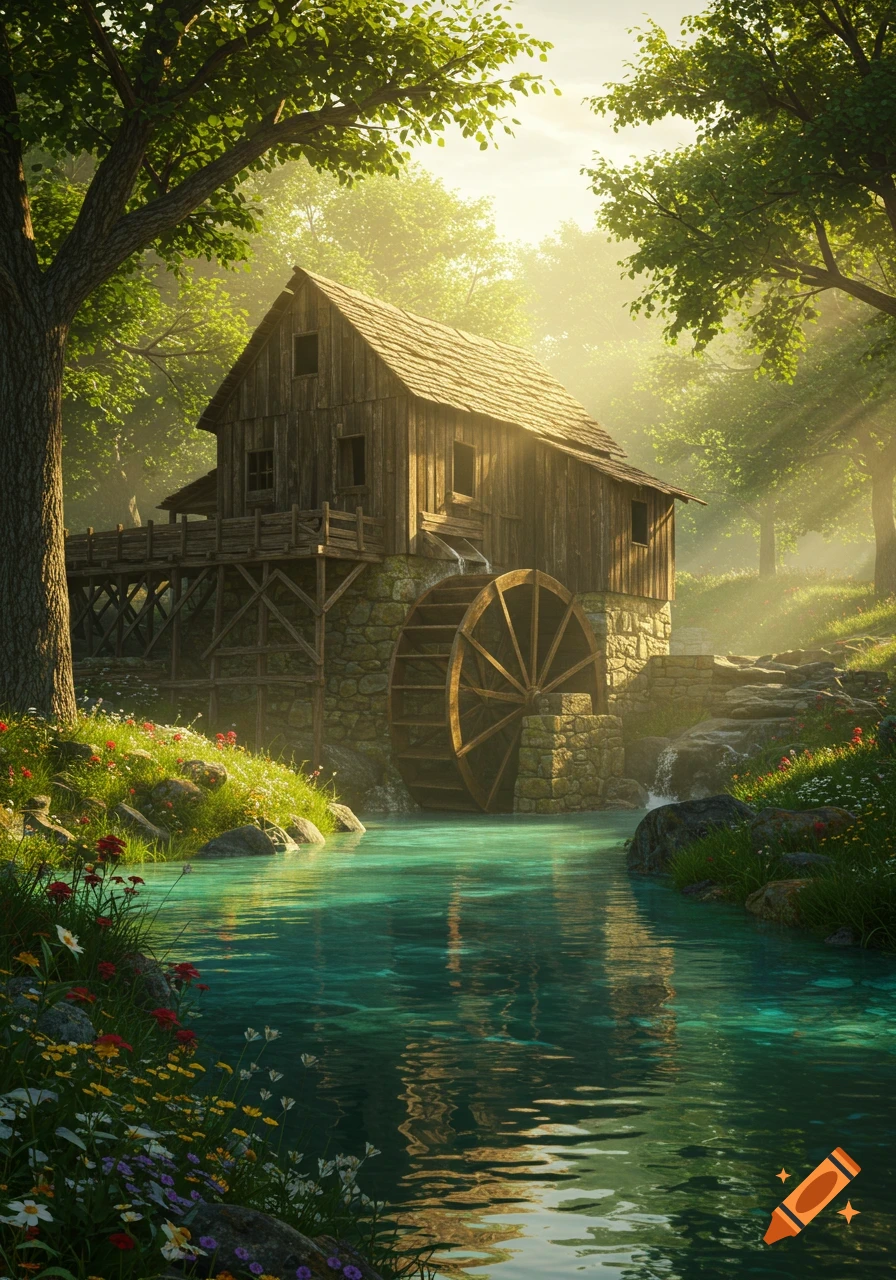 Photorealistic image of a wooden water mill with a turning wheel by a turquoise river, surrounded by a lush sunny forest.