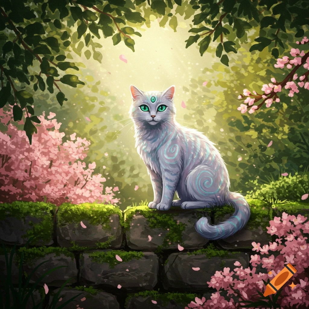 A white fantasy cat with glowing green eyes and blue swirls sits on a mossy stone wall surrounded by cherry blossoms and lush green foliage in a sunlit forest.