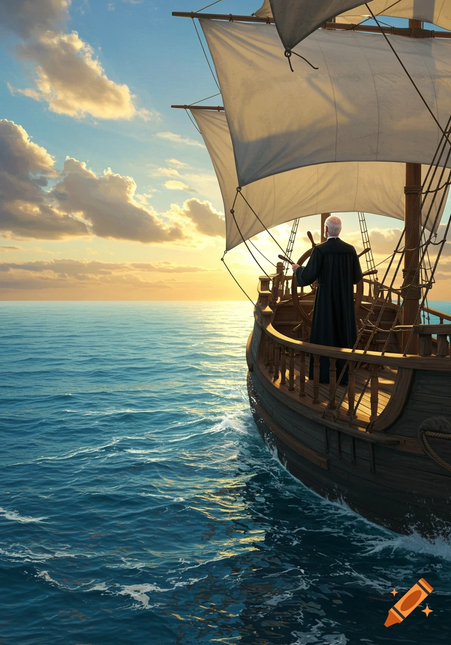 A man in a dark robe steers a sailing ship into the sunset on a calm ocean with fluffy clouds.