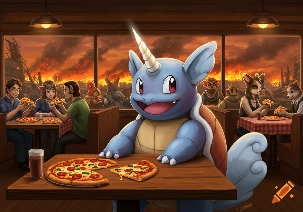 A cartoon Wartortle with a unicorn horn sits at a restaurant table with pizza, while humans and anthropomorphic animals eat in the background. A city burns outside the window.