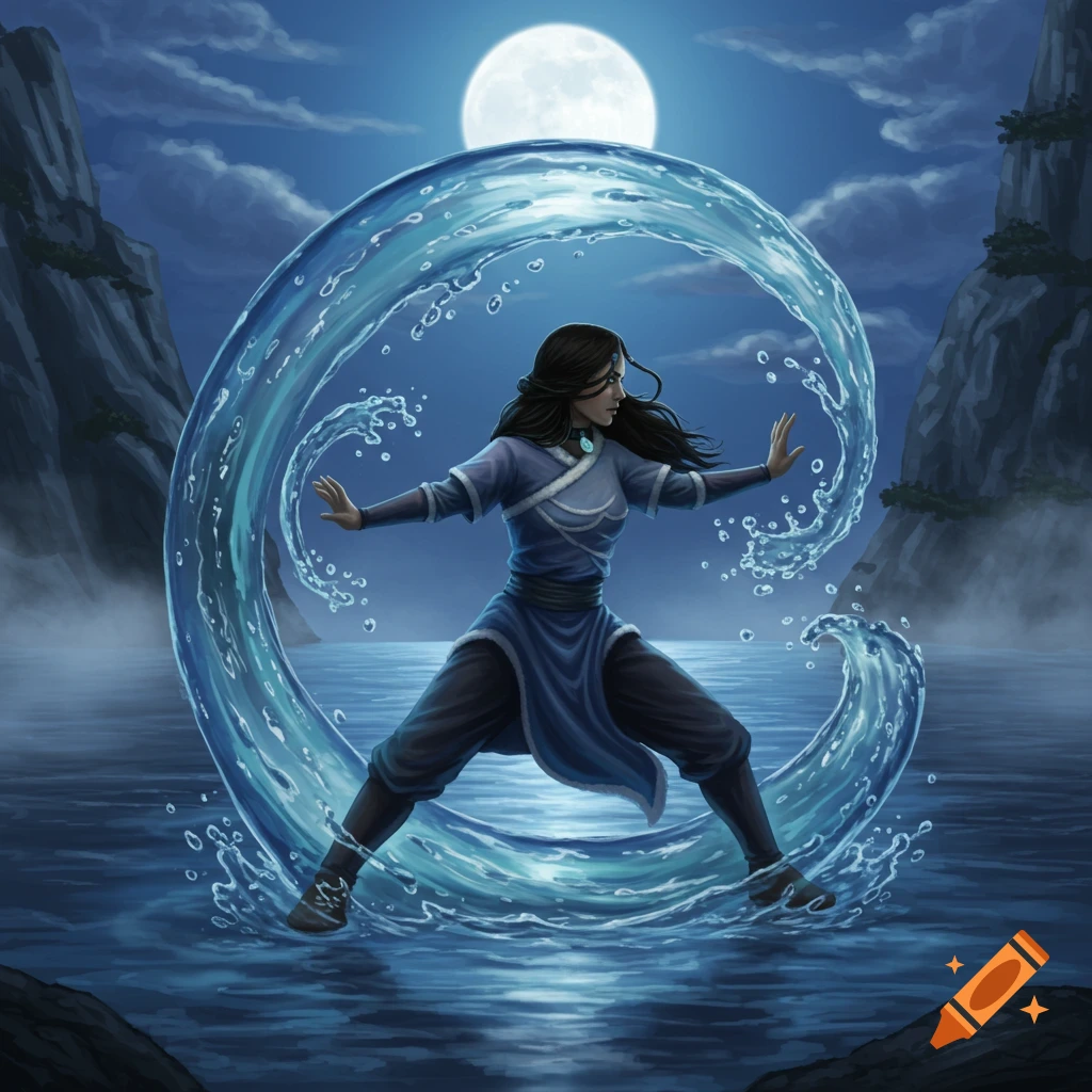 Katara waterbending a large arc of water under a full moon at night, surrounded by water and mountains, in an animated style.