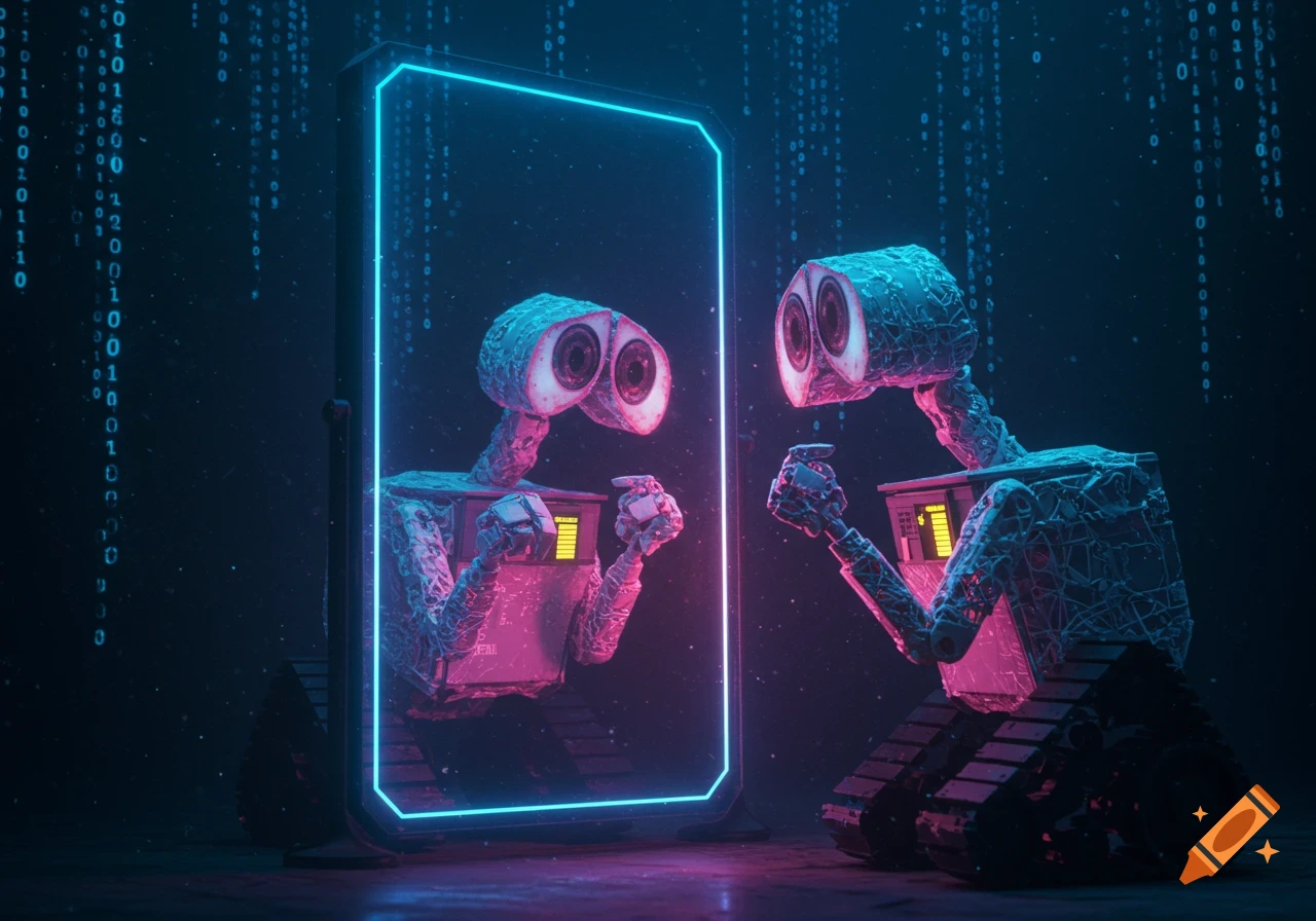 Two Wall-E-like robots, one looking at its reflection in a neon-framed mirror, in a dark digital space with falling binary code.