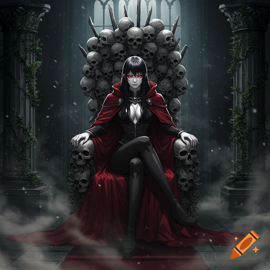 Anime villainess with red eyes, dark hair, and a red cape sits on a throne made of skulls in a gothic chamber.