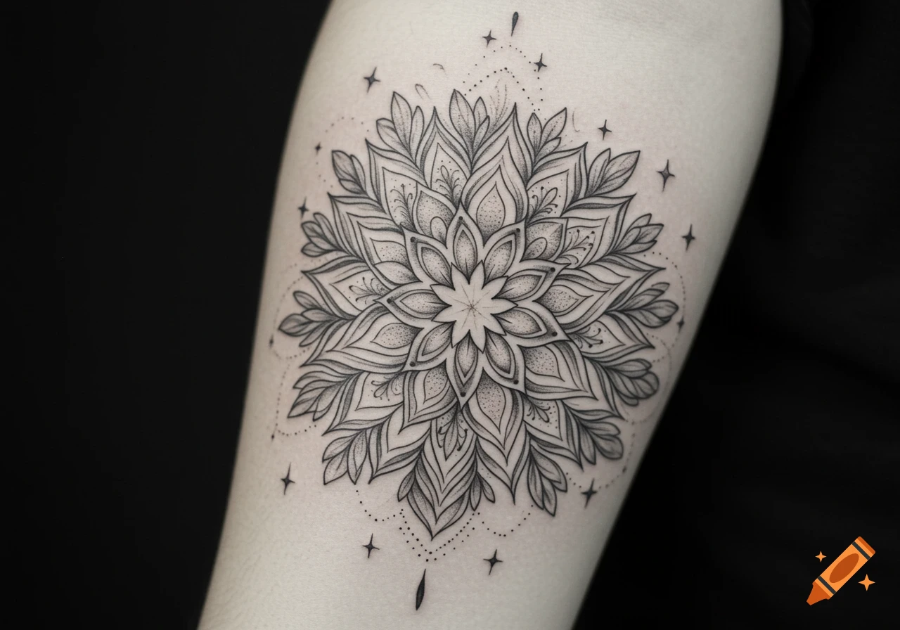 Detailed black ink mandala tattoo with intricate floral and leaf patterns and dot shading on an arm.