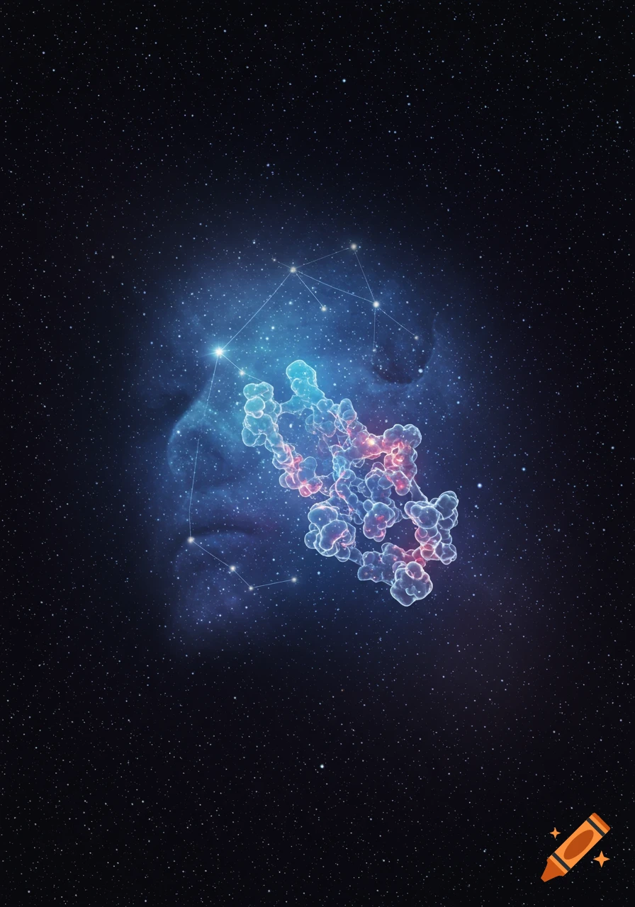 A cosmic star field with a glowing antibody, a faint human face, and constellation lines.