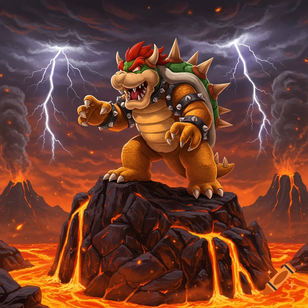 Bowser stands menacingly on a rock in a volcanic landscape with lava, stormy skies, and lightning.