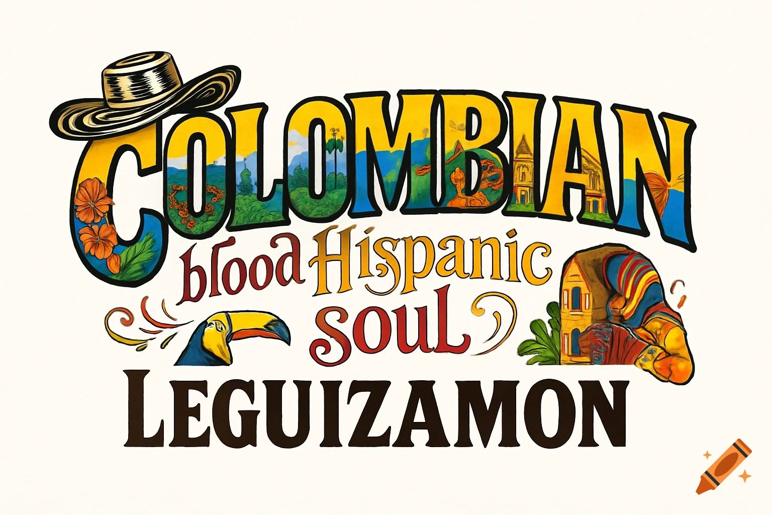Vibrant logo: "COLOMBIAN" text filled with Colombian scenes, a sombrero vueltiao, "blood Hispanic soul", and "LEGUIZAMON" with a toucan.
