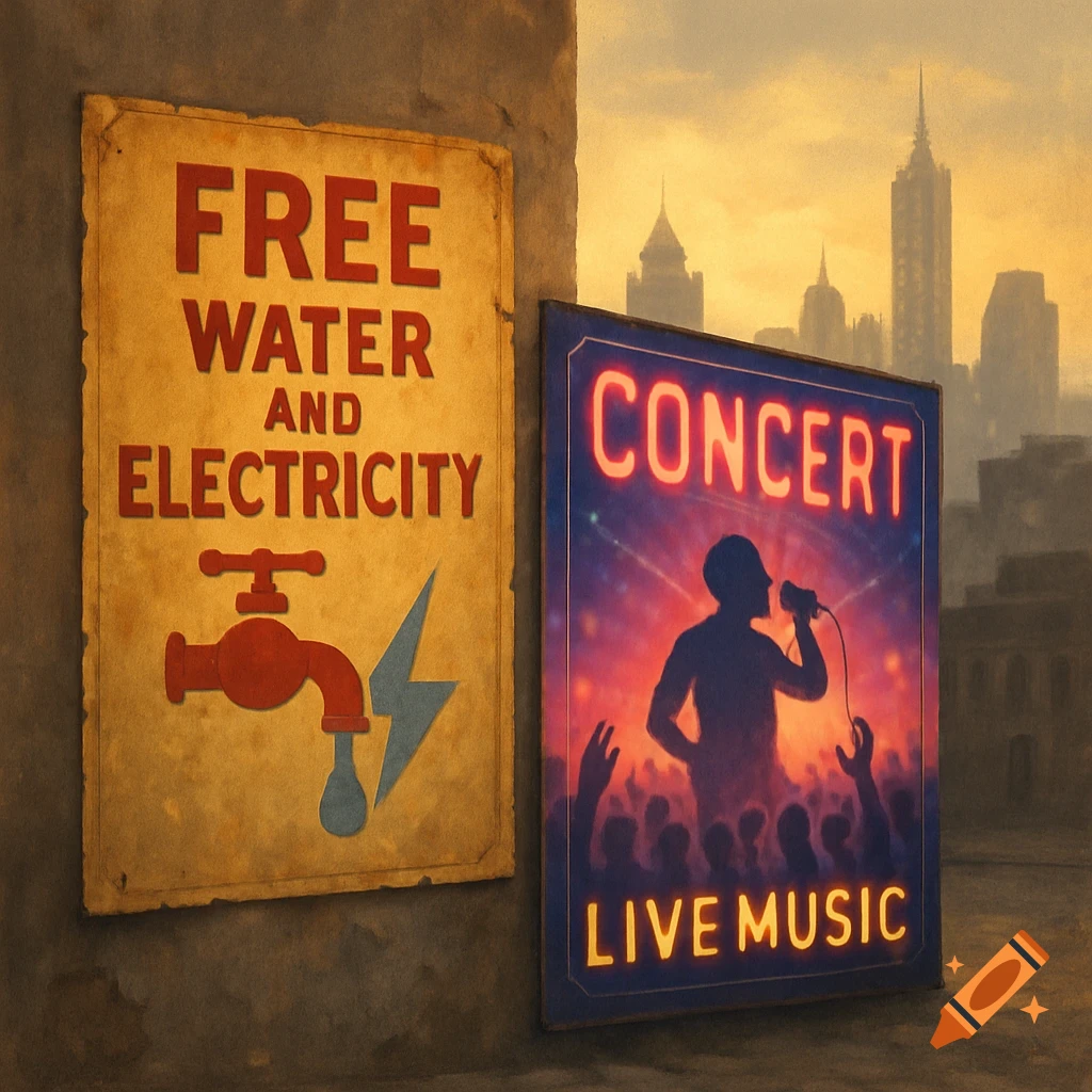 Two posters on a weathered wall: 'FREE WATER AND ELECTRICITY' and a neon-lit 'CONCERT LIVE MUSIC' with a singer, against a hazy city skyline.