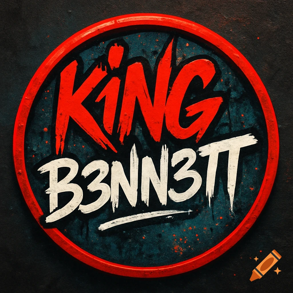 Graffiti style logo with "K1NG" in red and "B3NN3TT" in white on a dark background within a red circular border.