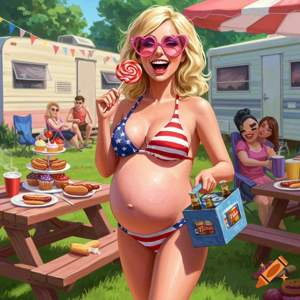 An overjoyed pregnant blonde woman in an American flag bikini and pink heart sunglasses holds a lollipop and a six-pack of beer at a trailer park cookout.