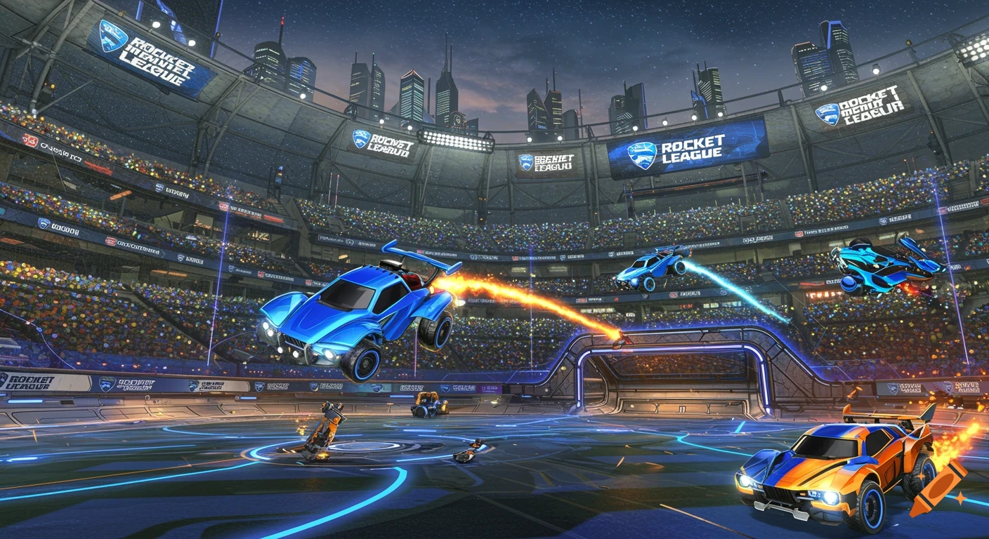 Futuristic blue and orange cars playing Rocket League in a crowded stadium under a starry night sky, digital art style.