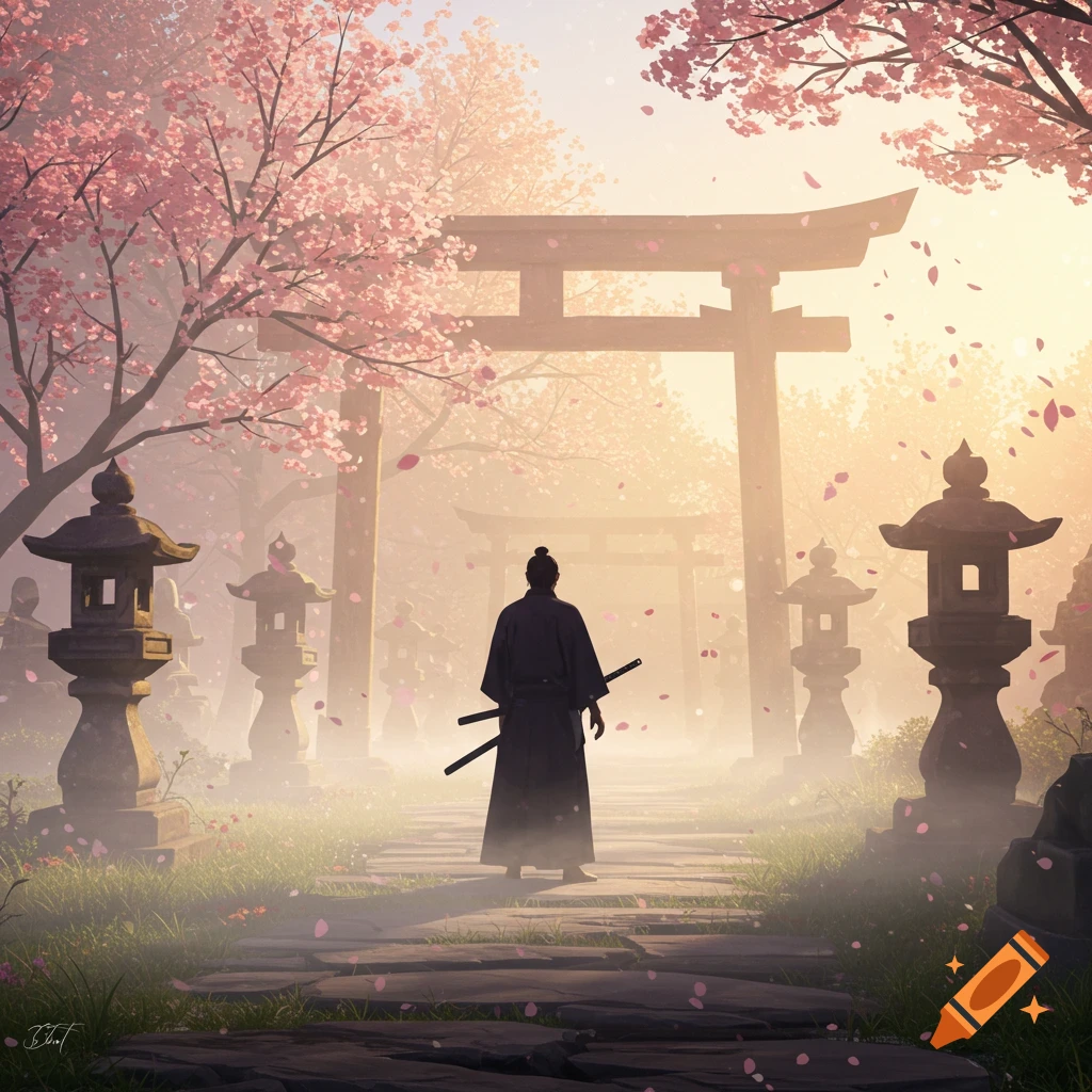A lone samurai with a katana stands on a path through misty torii gates and pink cherry blossom trees at sunrise in a serene fantasy art style.