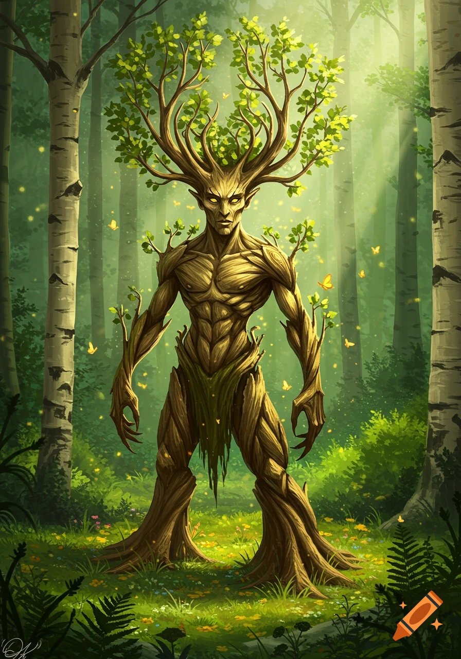 A muscular tree-like warrior with glowing yellow eyes and leafy branches for antlers stands in a vibrant, sun-dappled forest.