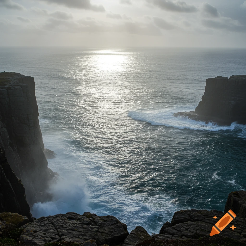 Photorealistic image of ocean waves crashing against dark, rugged cliffs under a bright, cloudy sky with sun glare.