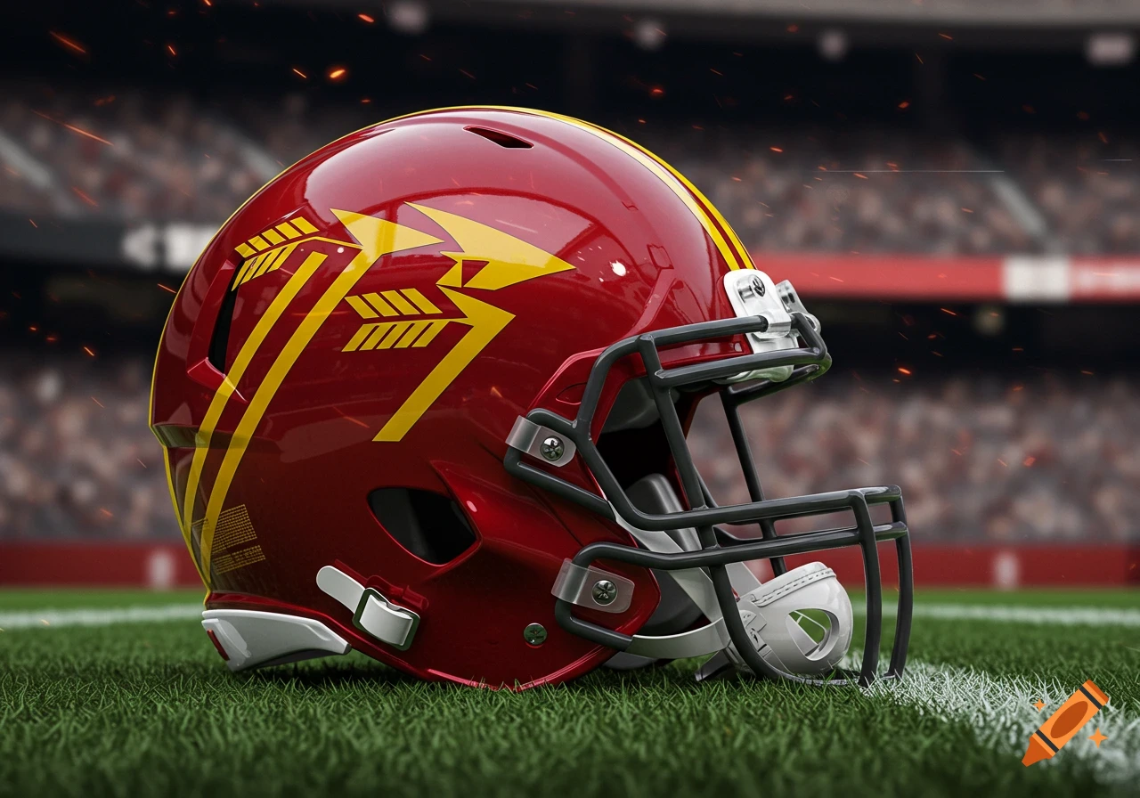 Photorealistic red American football helmet with three yellow arrow designs, on a green field in a stadium.