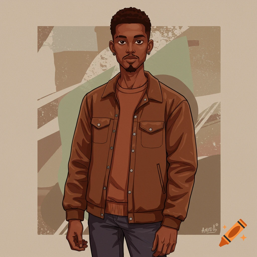 A cartoon illustration of a young man with dark skin, short curly hair, and a goatee, wearing a brown jacket over a reddish-brown sweater.