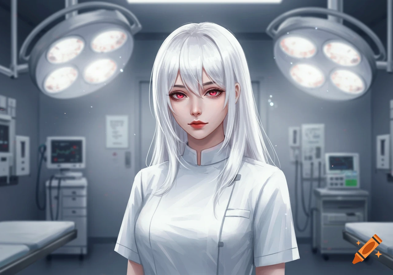Anime woman with white hair and red eyes in a white medical uniform stands in an operating room, digital art.