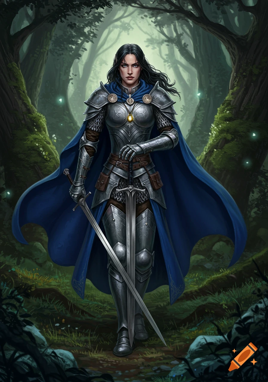 A female knight in silver armor and a blue cape stands in a dark, mossy forest, holding two swords, digital art.