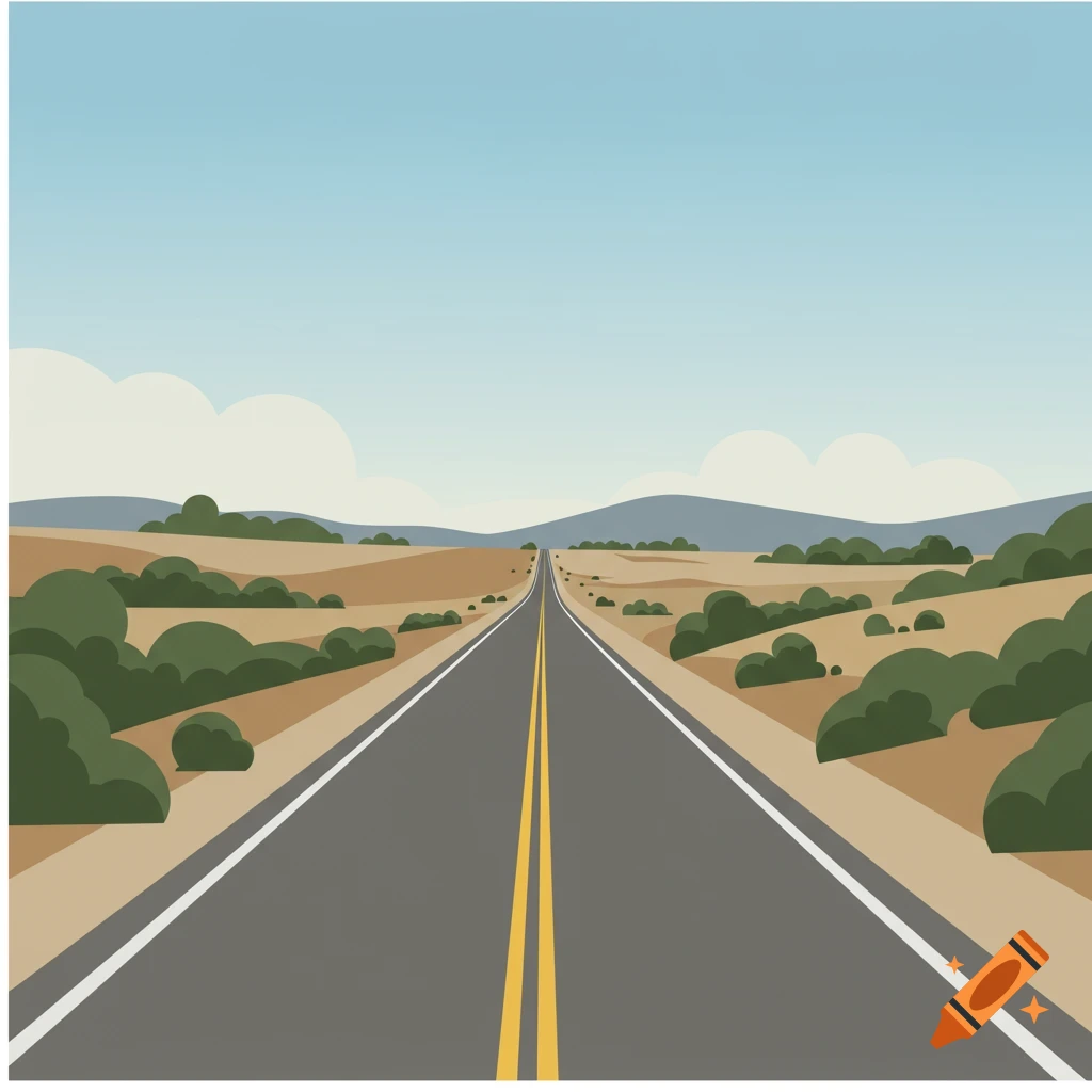 A clip art style illustration of a long, straight road stretching into the distance through a desert landscape under a clear blue sky.
