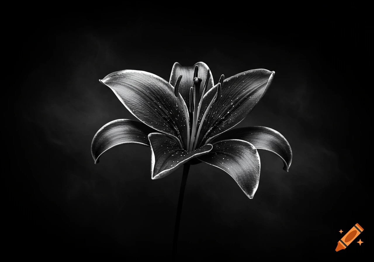 A striking black and white photo of a lily with silver-white outlines and speckles against a dark background.