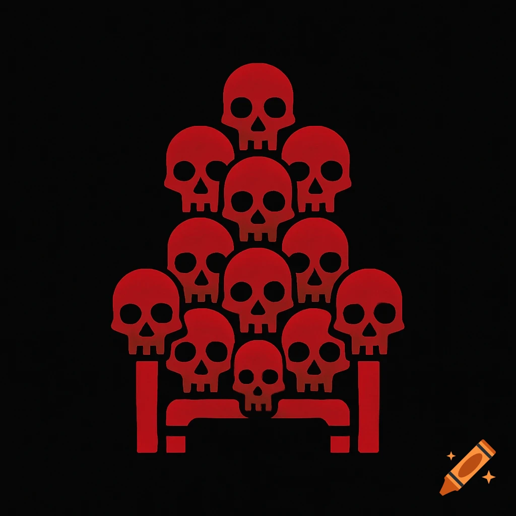 A minimalist red logo depicting a throne constructed from stacked skulls on a black background.