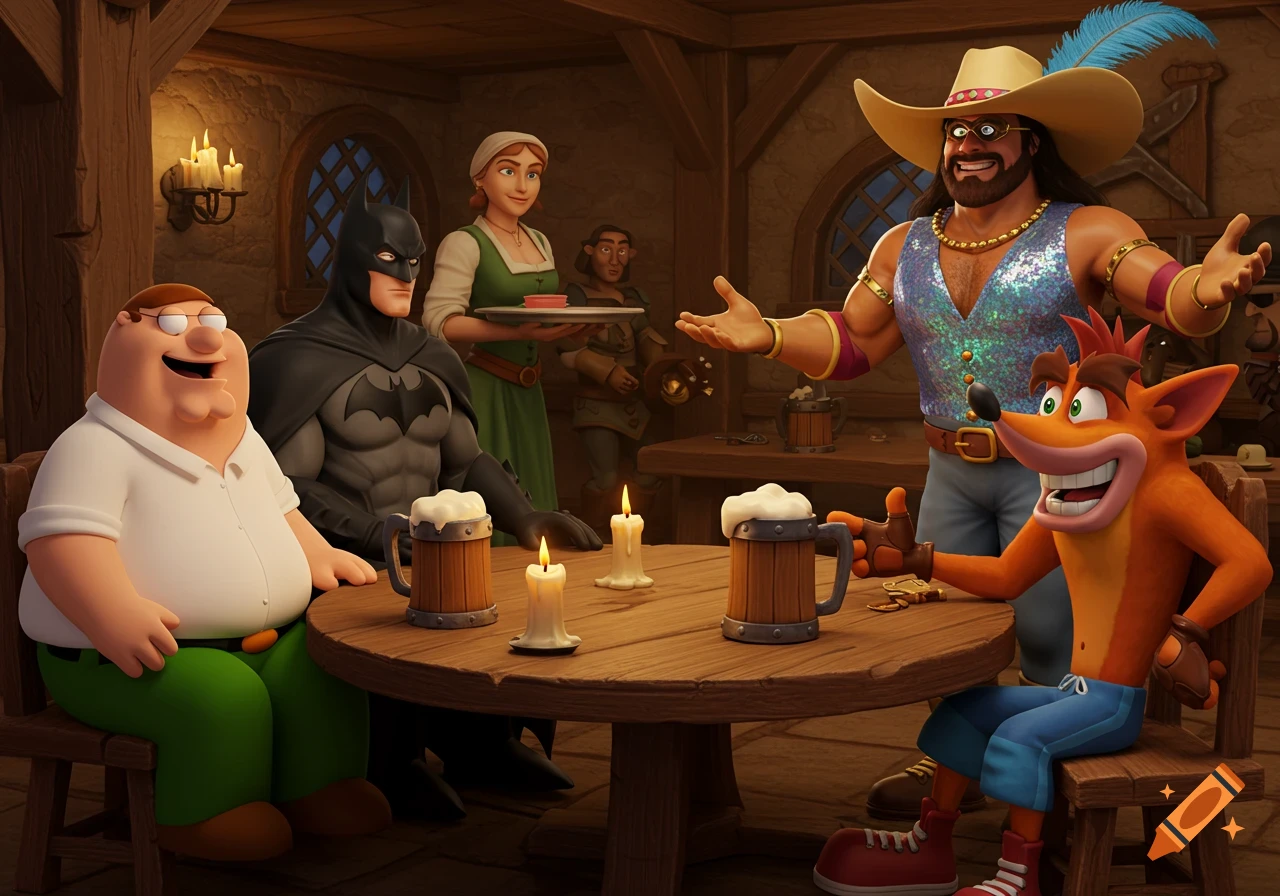 Peter Griffin, Batman, Randy Savage, and Crash Bandicoot sit around a table with tankards in a fantasy pub setting, rendered in a 3D animated style.