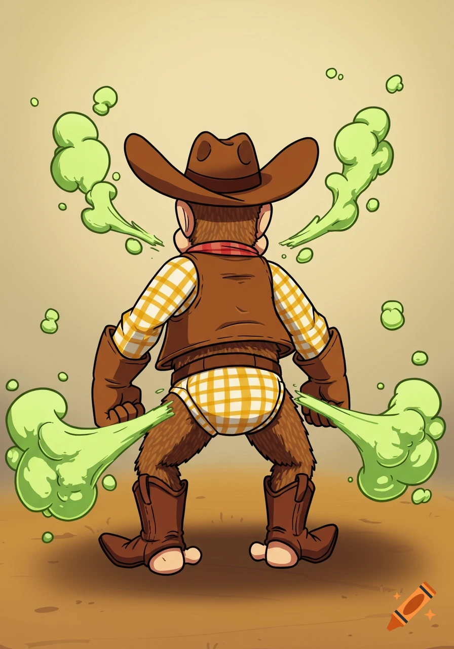 Cartoon illustration of Diddy Kong from behind in a cowboy outfit, farting massive green fumes.