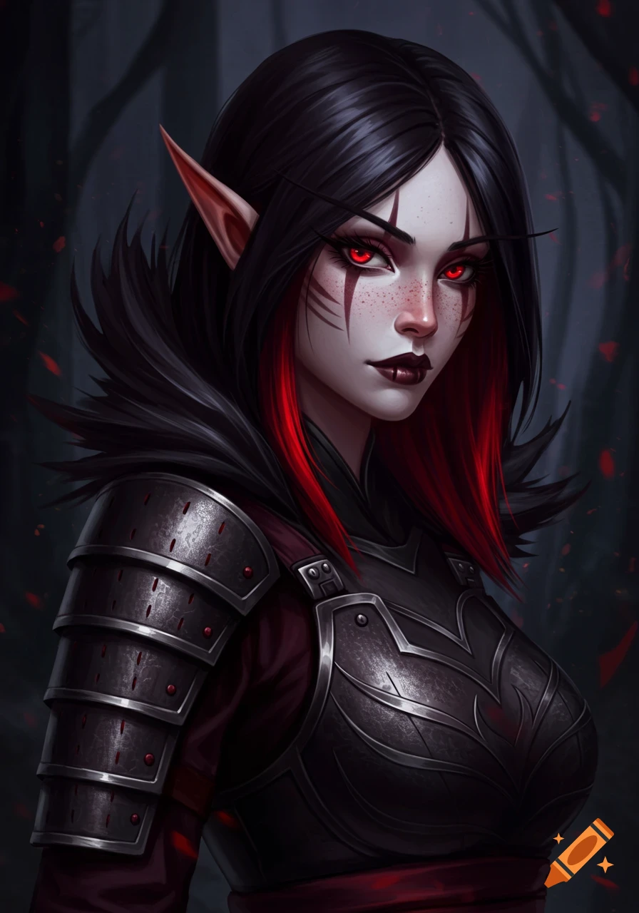 A dark fantasy portrait of an elf woman with black and red hair, glowing red eyes, and dark armor.