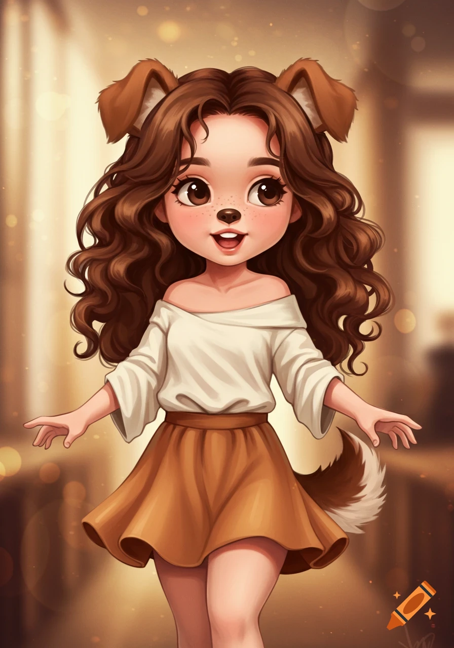 Cute cartoon girl with dog ears, nose, and tail, wearing an off-shoulder top and skirt, with long brown curly hair, hands out, in an anime style.