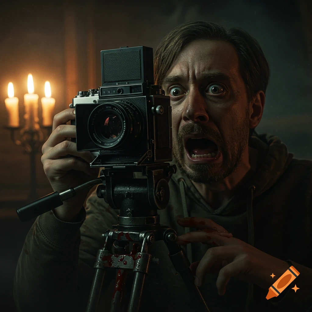 Close-up of a terrified man with wide eyes screaming while holding a vintage camera on a blood-splattered tripod, lit by candlelight in a dark, eerie setting.