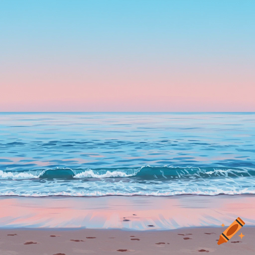 Serene beach scene with gentle waves on the sand, an ocean stretching to the horizon, and a sky colored with blue and pink hues.