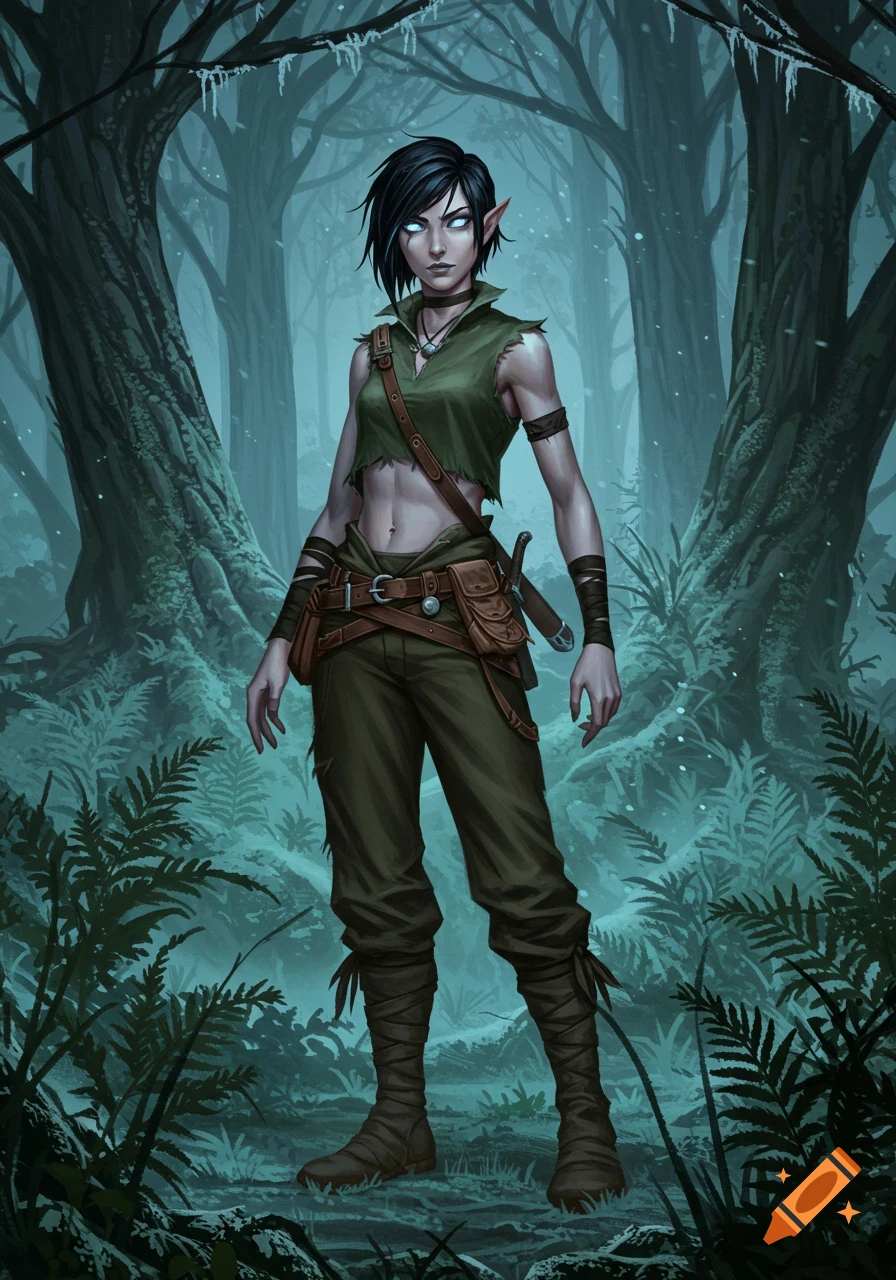 A dark-haired elf tomboy with glowing blue eyes stands in a snowy, misty forest, wearing a torn green top and tactical gear.