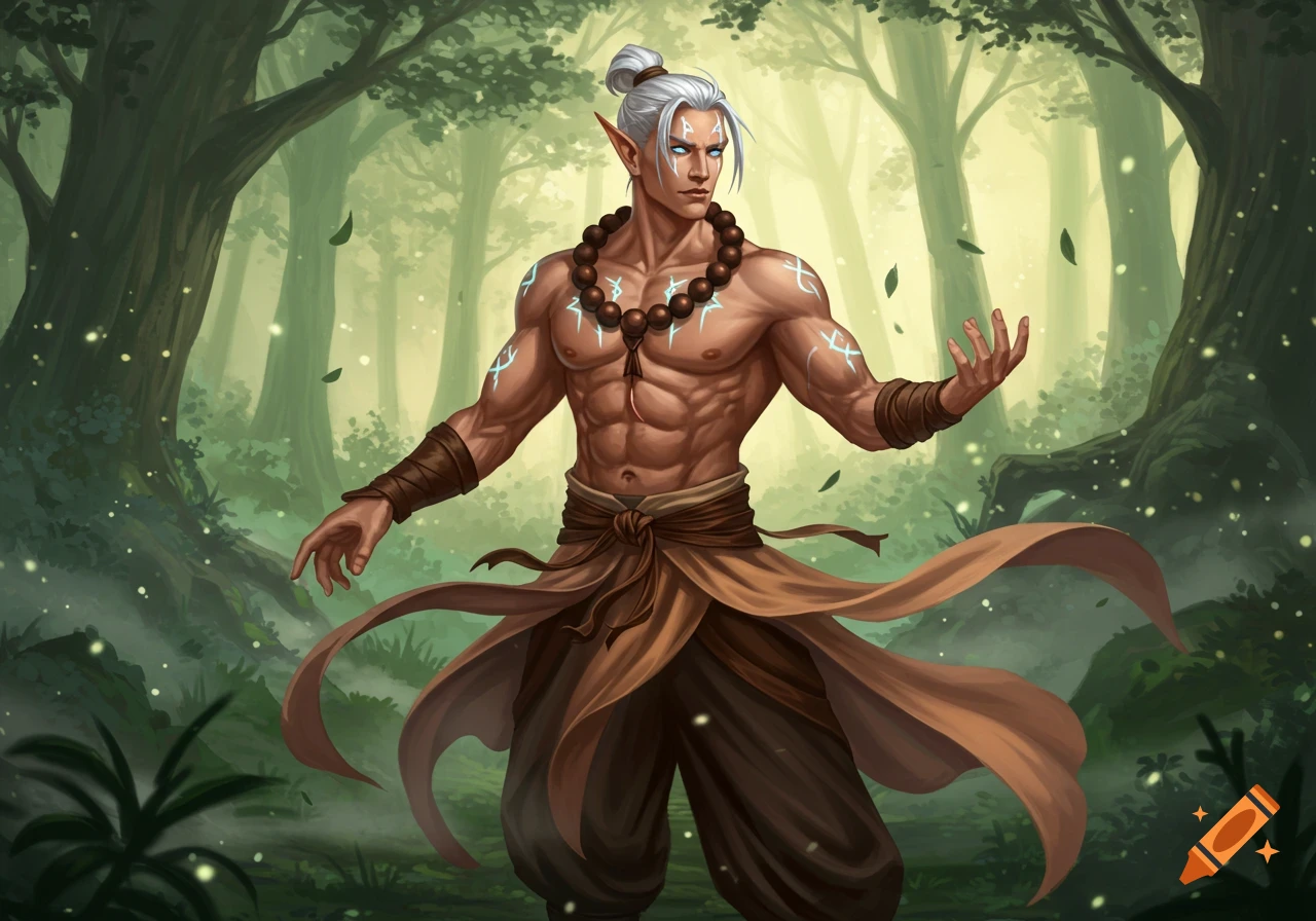 A muscular, shirtless elf monk with white hair and glowing blue runes on his skin stands in an enchanted forest, hands poised as if casting a spell.