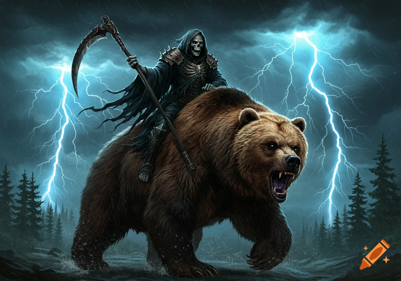 A grim reaper on a running grizzly bear under a stormy, dark sky illuminated by bright lightning bolts.