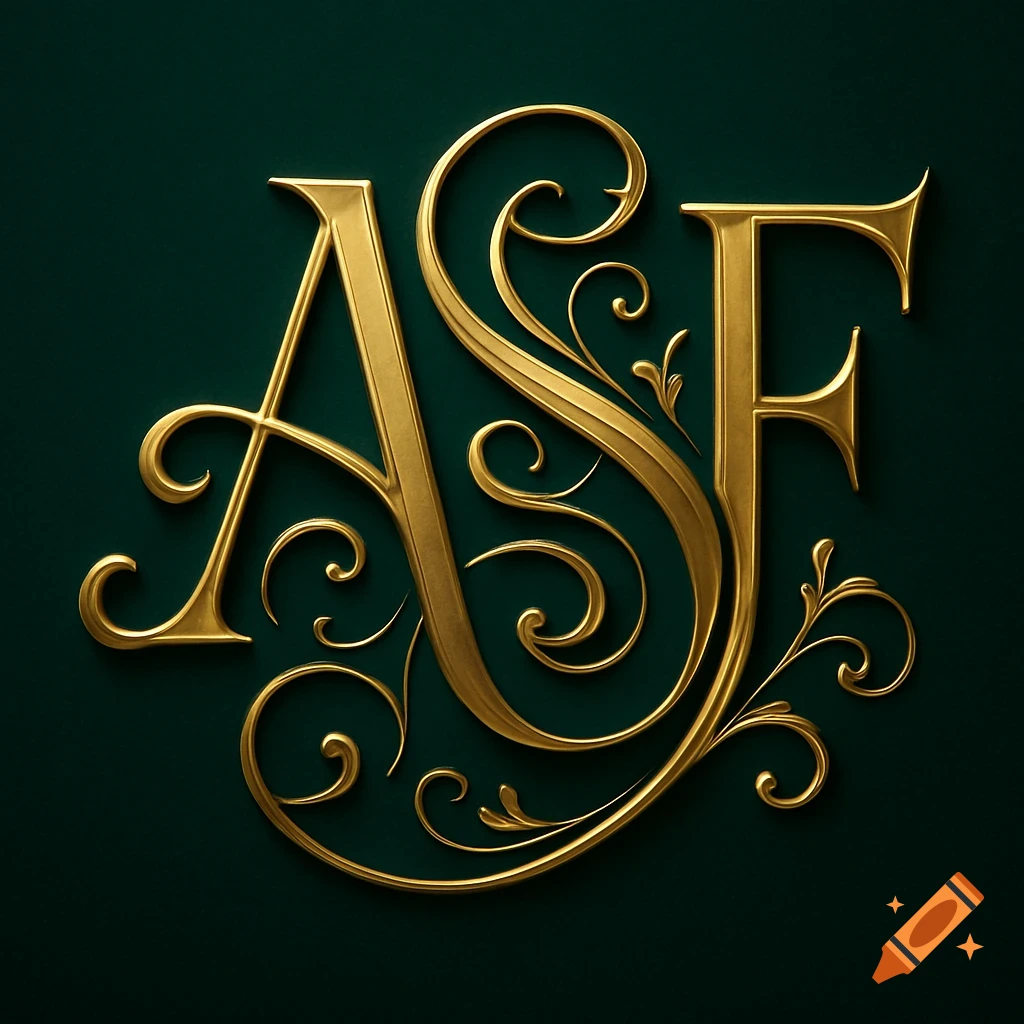 A luxurious gold monogram of the letters A, S, and F with elegant flourishes on a dark emerald green background.