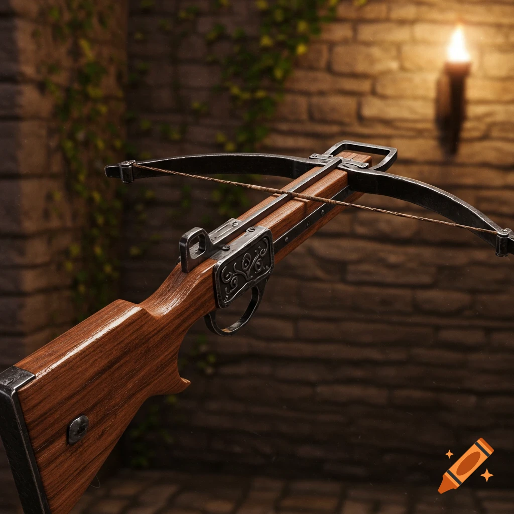 A photorealistic close-up of a medieval crossbow with a wooden stock and metal parts, against a stone wall with a lit torch.