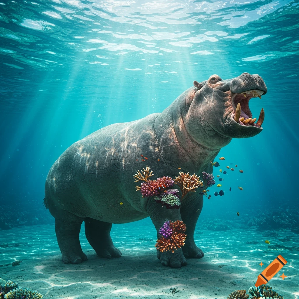 Photorealistic hippo with an open mouth stands on the sandy ocean floor, colorful coral growing on its side, surrounded by small fish and sun rays.