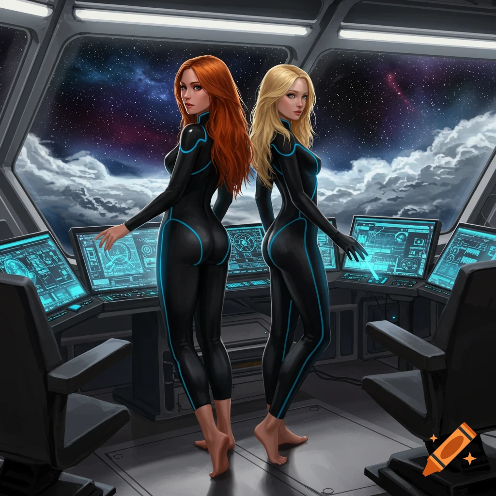 Two barefoot women in black catsuits, one with red hair, one with blonde, stand in a spaceship control room looking out into space.